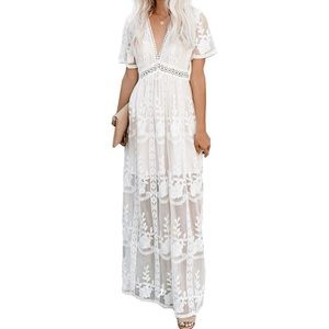 Eleter White Floral V Neck Lace Maxi Dress Size XL